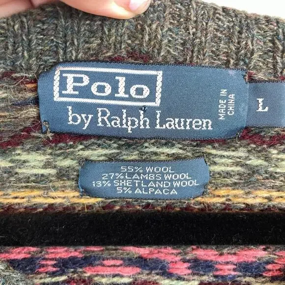 Polo Ralph Lauren Lambswool Alpaca Jacquard Fair Isle V Neck Sweater Green VTG L - Picture 3 of 9